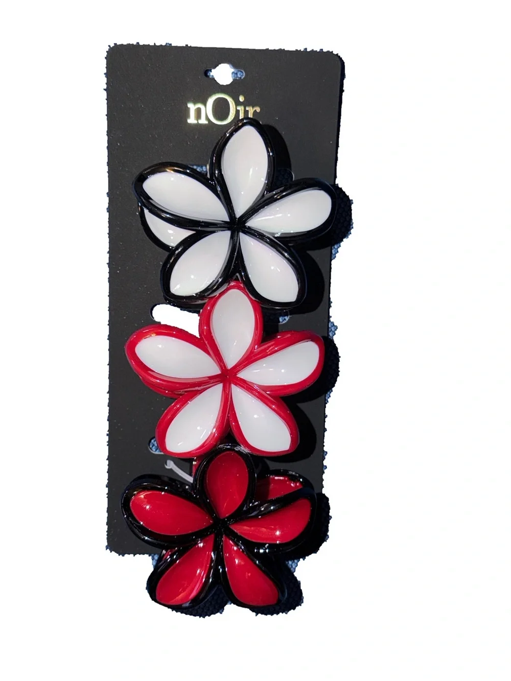 nOir Jewelry Red, White & Black Floral Hair Clip Trio